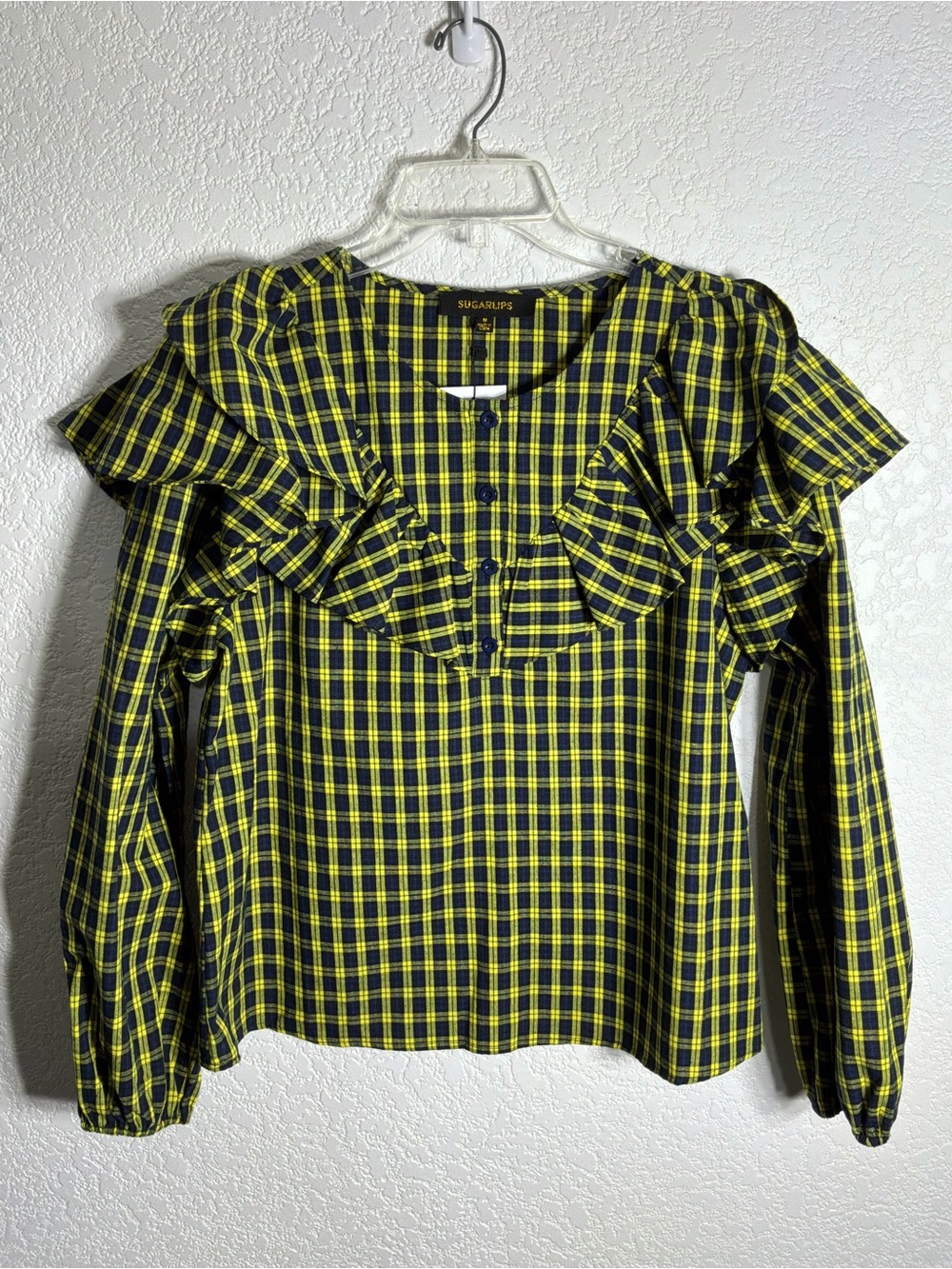 SugarLips Yellow and Blue Plaid Ruffle Long-Sleeve Top NWT